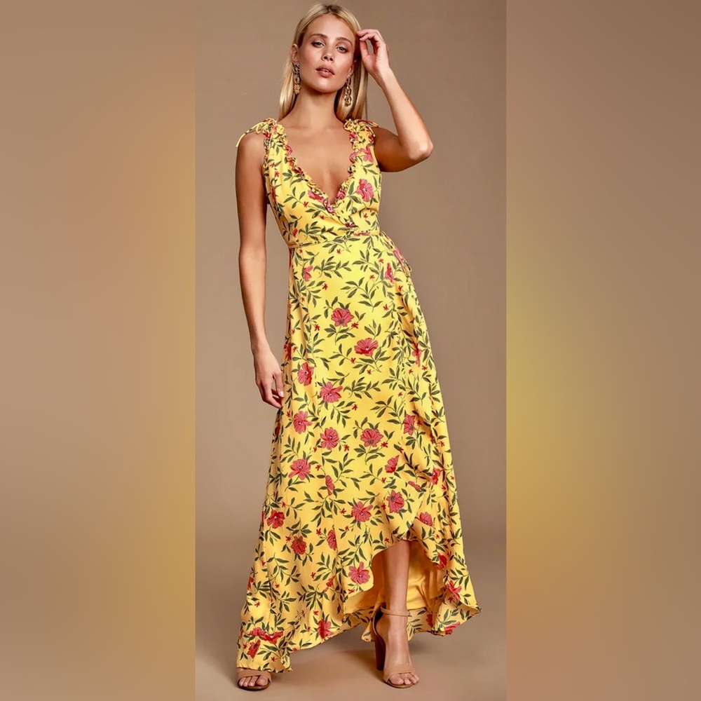 Lulu’s Blossoming Heart Yellow Floral Print Ruffled High-Low Wrap Dress